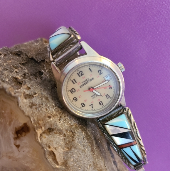 Vintage sterling silver Native American Zuni inlay watch band/ watch - Picture 3 of 5